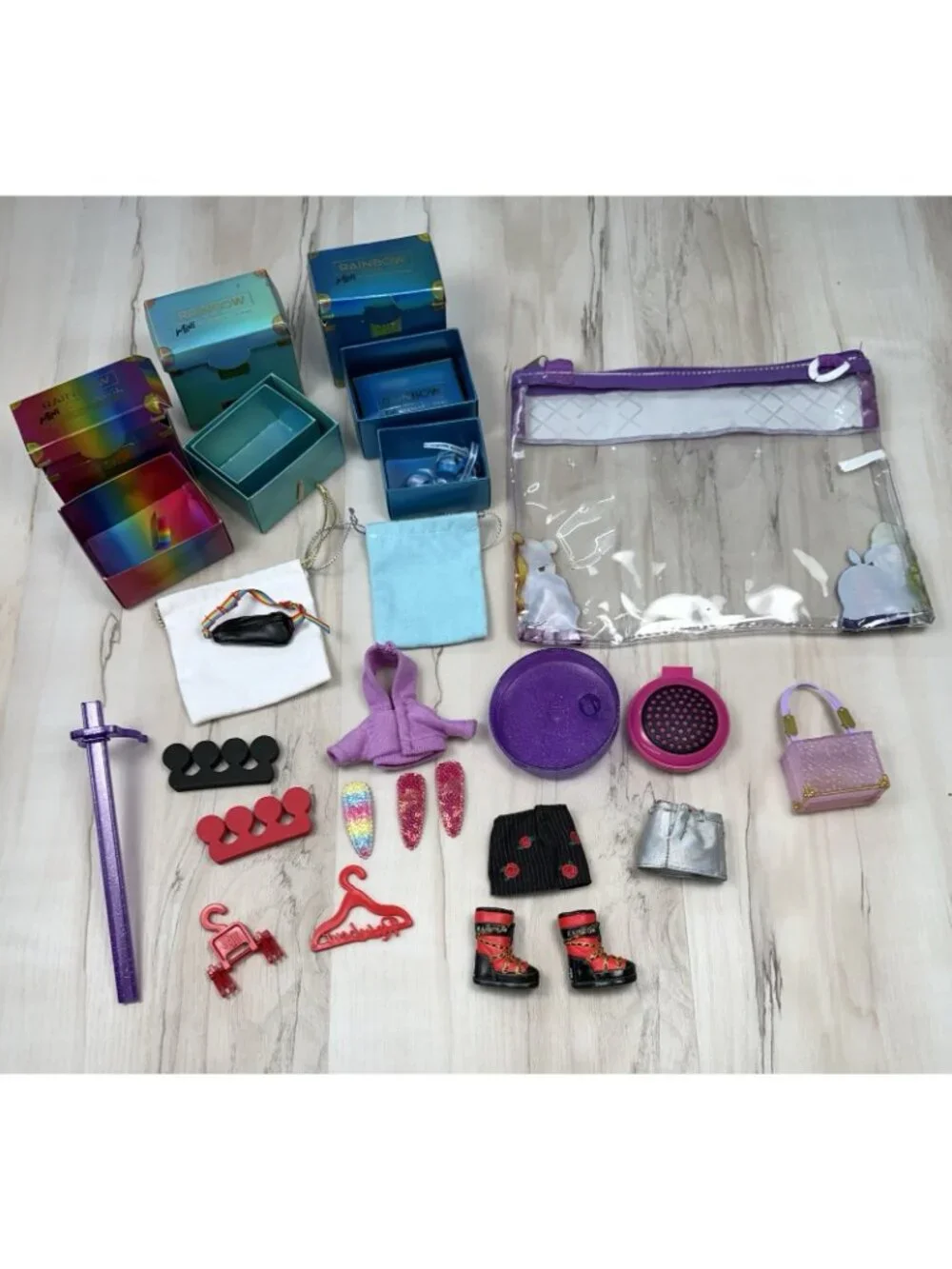 19pc Lot MGA Rainbow High Accessory & Toy Lot Shoes Belt Bag Skirt Stand Purse